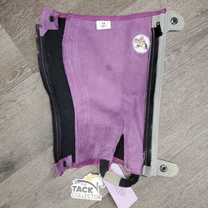 JUNIORS Suede Half Chaps *gc, rubs, older, dirt, edge rubs & pills, stains, stuck hay