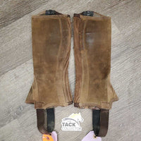 Pr JUNIORS Hvy Suede Half Chaps *gc, rubs, stains, mnr residue & unstiched seams, rips
