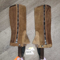 Pr JUNIORS Hvy Suede Half Chaps *gc, rubs, stains, mnr residue & unstiched seams, rips