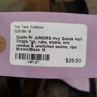 Pr JUNIORS Hvy Suede Half Chaps *gc, rubs, stains, mnr residue & unstiched seams, rips