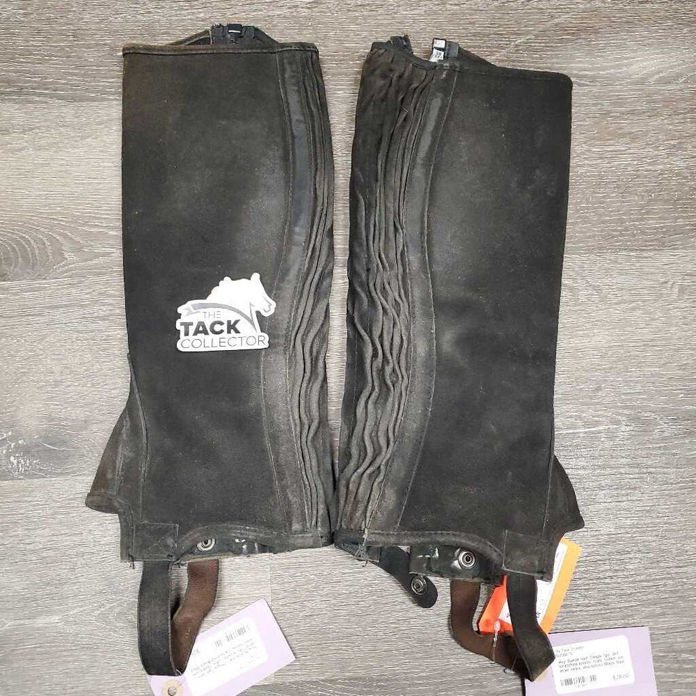 Hvy Suede Half Chaps *gc, dirt, stretched elastic, rubs, faded, sm inner holes, discolored