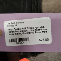 Hvy Suede Half Chaps *gc, dirt, stretched elastic, rubs, faded, sm inner holes, discolored
