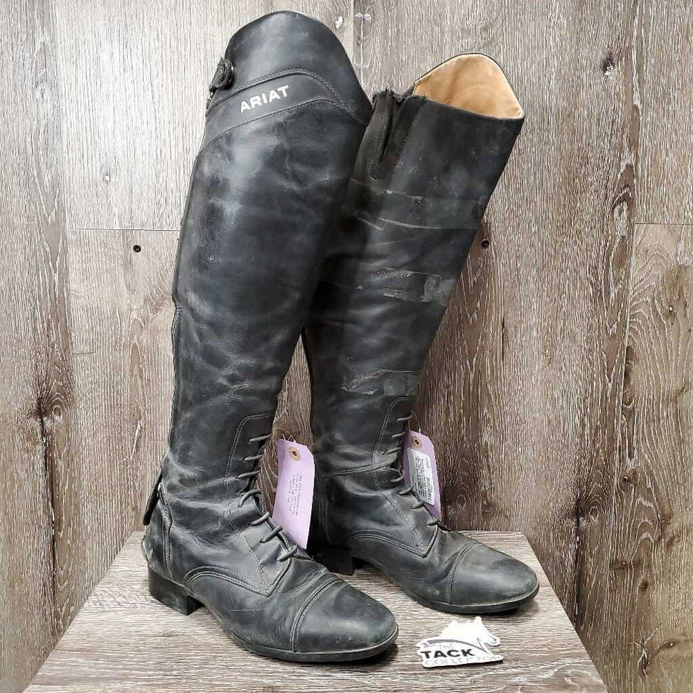 Field Boots, Zips *fair, BROKEN Zip-L, dirty, taped, faded, repaired, crushed Heel-R, curled edges