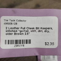 2 Leather Full Cheek Bit Keepers, stitched *gc/fair, stiff, dirt, dry, older