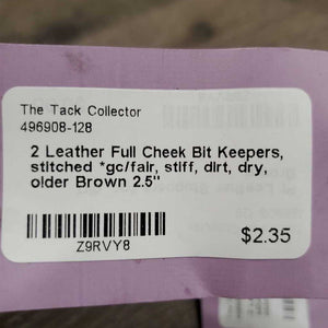 2 Leather Full Cheek Bit Keepers, stitched *gc/fair, stiff, dirt, dry, older