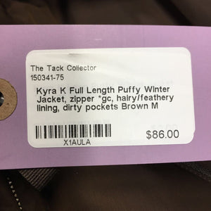 Full Length Puffy Winter Jacket, zipper *gc, hairy/feathery lining, dirty pockets
