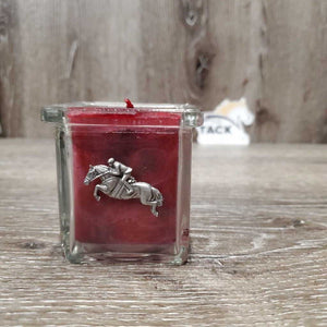 Cranberry Square Candle, Pewter Jumping Horse *like new