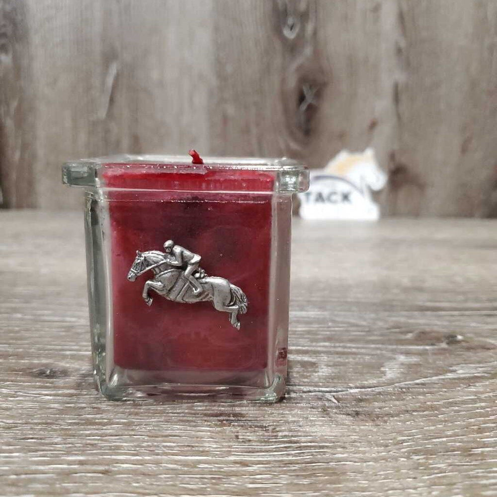 Cranberry Square Candle, Pewter Jumping Horse *like new