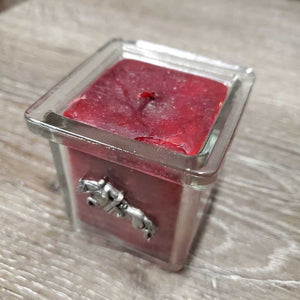 Cranberry Square Candle, Pewter Jumping Horse *like new