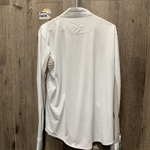 LS Show Sun Shirt, snap collar, mesh sleeves *fair, dingy, v.bubbled collar, seam puckers, stained