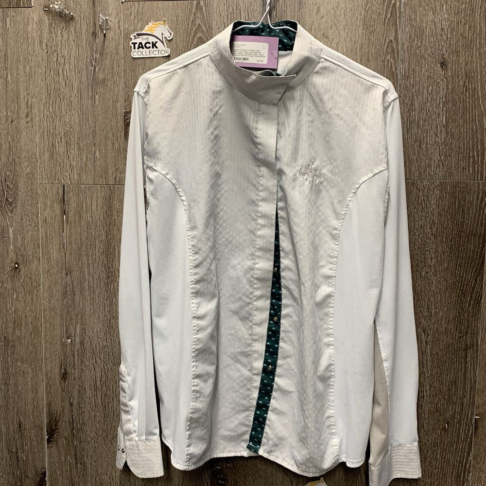 LS Show Sun Shirt, snap collar, mesh sleeves *fair, dingy, v.bubbled collar, seam puckers, stained, snags