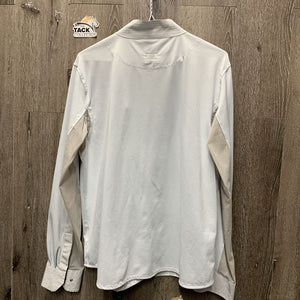 LS Show Sun Shirt, snap collar, mesh sleeves *fair, dingy, v.bubbled collar, seam puckers, stained, snags