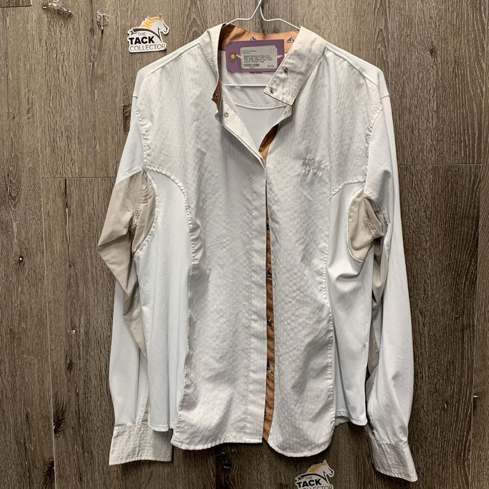 LS Show Sun Shirt, snap collar, mesh sleeves *fair, dingy, bubbled collar, seam puckers, stained, snags