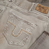 Denim Breeches *gc, seam puckers, older, unstitched knees, mnr faded