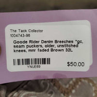 Denim Breeches *gc, seam puckers, older, unstitched knees, mnr faded