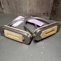 Pr Fine Hvy Stirrup Irons, grips *gc, clean, mnr scuffs, scratches & residue
