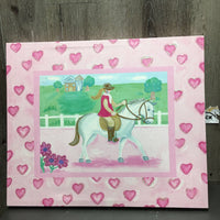 "Grey Pony & Rider" Wood Frame Custom Canvas Painting *xc, mnr stains & scratches
