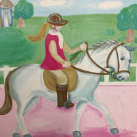 "Grey Pony & Rider" Wood Frame Custom Canvas Painting *xc, mnr stains & scratches

