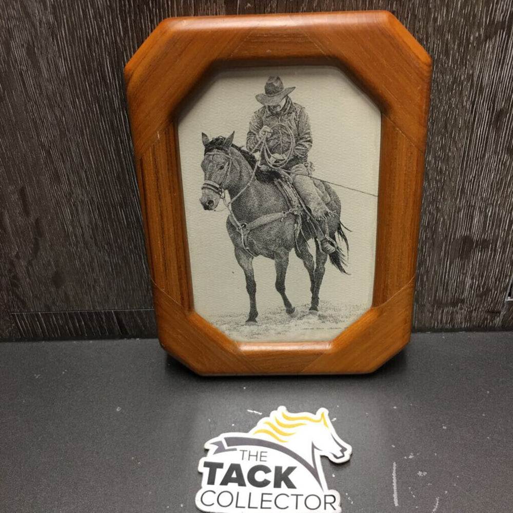 Cowboy & Rope Horse Pencil Drawing Print, Wood Frame
