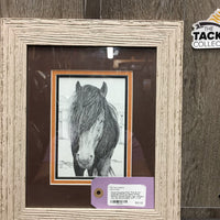 Pencil Drawing Print "Fire & Ice" Icelandic Pony by Nona Foster, Matted, Wood Frame *vgc, streaky, mnr dirt
