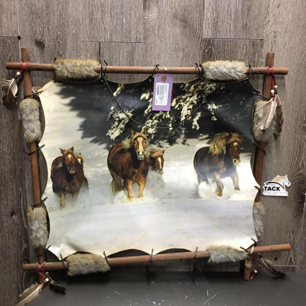 Galloping Horses in Snow Stretched Canvas - Wood Frame, Feathers, Fleece Trim *vgc