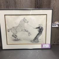 Cowboy & Horse Pencil Drawing by Sheila Murray, 1990, matted, Metal Frame *vgc, mnr scapes, scratches & dirt
