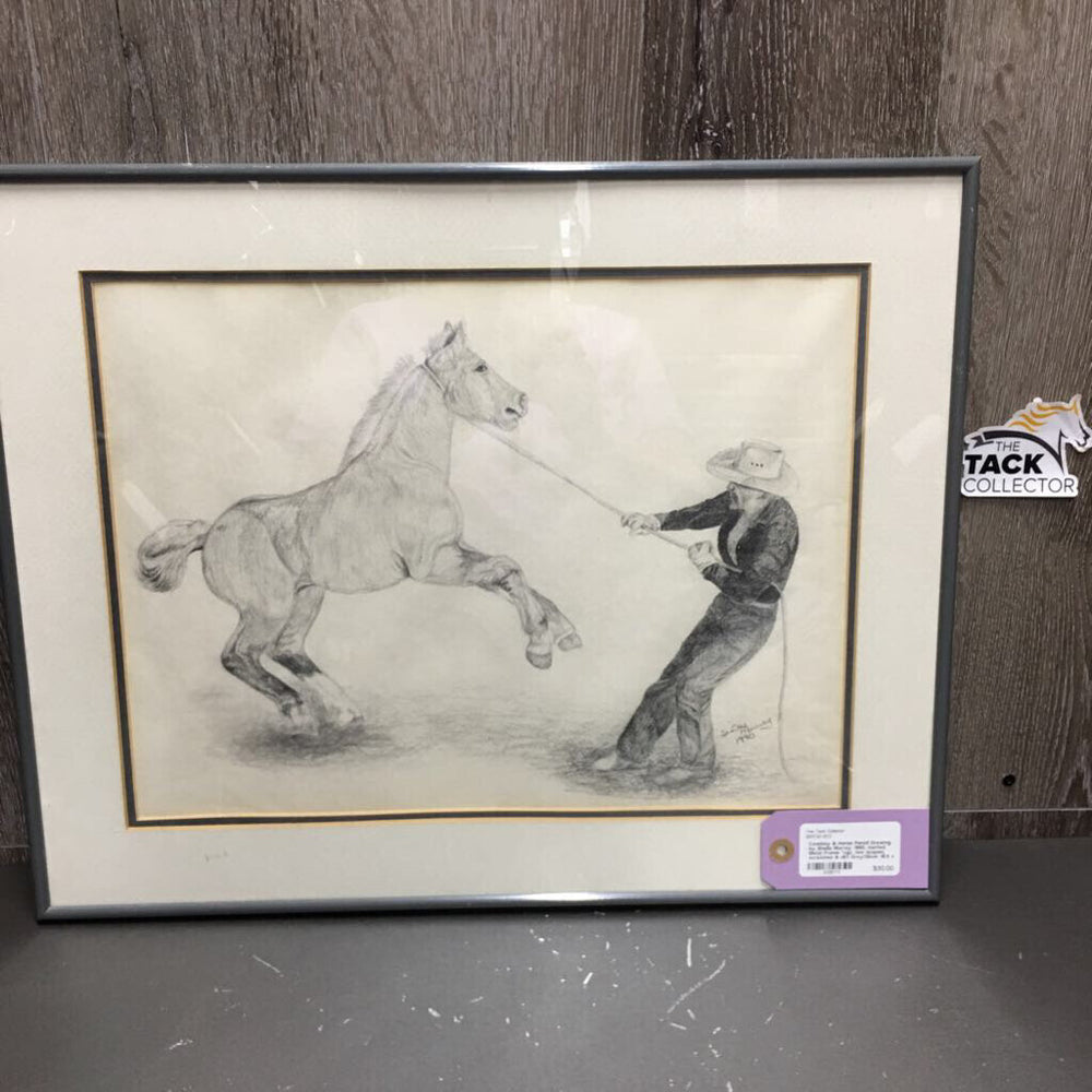 Cowboy & Horse Pencil Drawing by Sheila Murray, 1990, matted, Metal Frame *vgc, mnr scapes, scratches & dirt