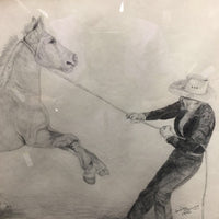 Cowboy & Horse Pencil Drawing by Sheila Murray, 1990, matted, Metal Frame *vgc, mnr scapes, scratches & dirt
