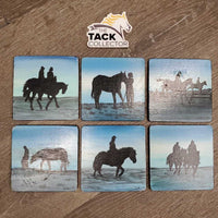 6 Horse Scenes Wood Coasters "Rhall 04" *gc, mnr edge stains, dirt & chips
