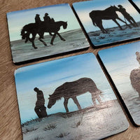 6 Horse Scenes Wood Coasters "Rhall 04" *gc, mnr edge stains, dirt & chips
