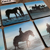 6 Horse Scenes Wood Coasters "Rhall 04" *gc, mnr edge stains, dirt & chips
