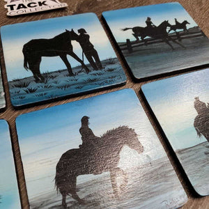 6 Horse Scenes Wood Coasters "Rhall 04" *gc, mnr edge stains, dirt & chips