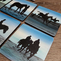6 Horse Scenes Wood Coasters "Rhall 04" *gc, mnr edge stains, dirt & chips
