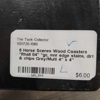 6 Horse Scenes Wood Coasters "Rhall 04" *gc, mnr edge stains, dirt & chips