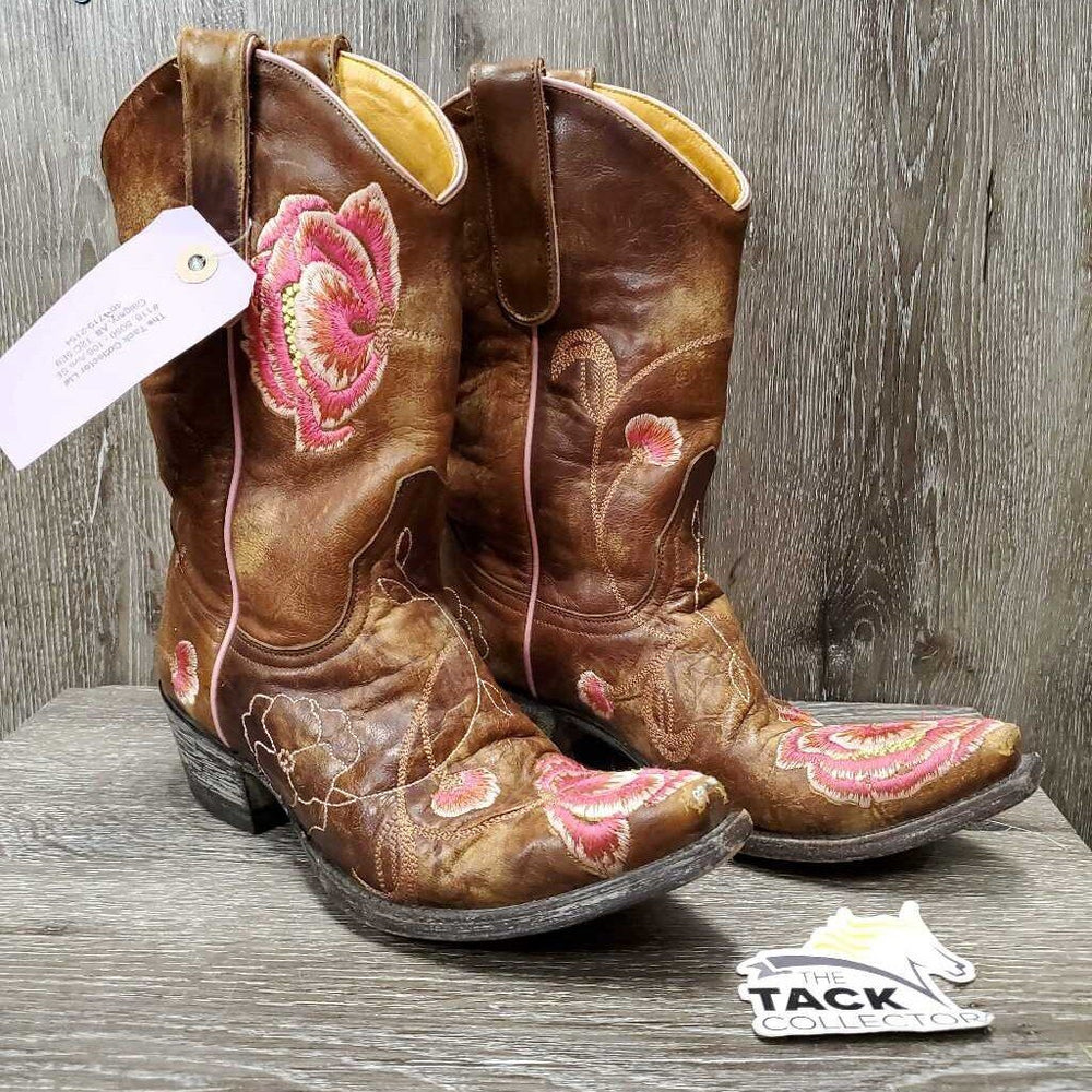 Pointy Toe Western Boots, embroidered flowers *vgc, clean, scraped/torn toe