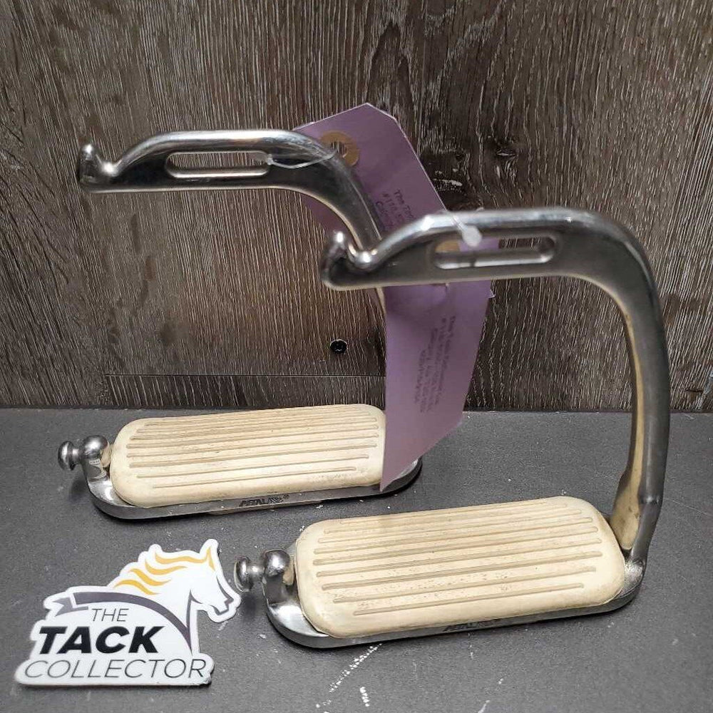Hvy Peacock Safety Stirrup Irons, grips *N0 elastic & keepers, gc, dirt, stains, scratches