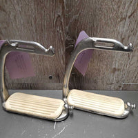 Hvy Peacock Safety Stirrup Irons, grips *N0 elastic & keepers, gc, dirt, stains, scratches
