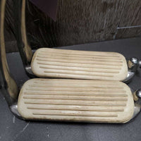 Hvy Peacock Safety Stirrup Irons, grips *N0 elastic & keepers, gc, dirt, stains, scratches
