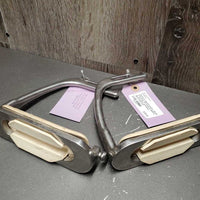Hvy Peacock Safety Stirrup Irons, grips *N0 elastic & keepers, gc, dirt, stains, scratches