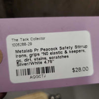 Hvy Peacock Safety Stirrup Irons, grips *N0 elastic & keepers, gc, dirt, stains, scratches
