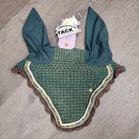 Crochet Ear Bonnet Fly Veil, 2x piping, bling, charm *gc, clean, bent/loose bling, mnr discolored spots, curled edges
