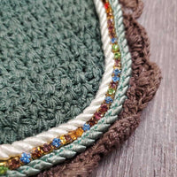Crochet Ear Bonnet Fly Veil, 2x piping, bling, charm *gc, clean, bent/loose bling, mnr discolored spots, curled edges
