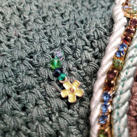 Crochet Ear Bonnet Fly Veil, 2x piping, bling, charm *gc, clean, bent/loose bling, mnr discolored spots, curled edges
