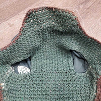 Crochet Ear Bonnet Fly Veil, 2x piping, bling, charm *gc, clean, bent/loose bling, mnr discolored spots, curled edges
