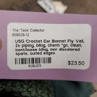 Crochet Ear Bonnet Fly Veil, 2x piping, bling, charm *gc, clean, bent/loose bling, mnr discolored spots, curled edges
