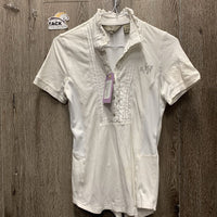 SS Show Shirt, 1/2 Button Up, attached button collar, ruffles *gc, crinkled, seam rubs, missing bling, dingy?
