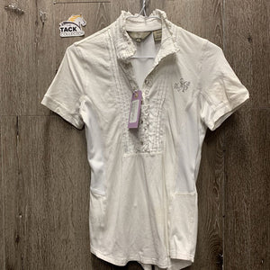 SS Show Shirt, 1/2 Button Up, attached button collar, ruffles *gc, crinkled, seam rubs, missing bling, dingy?