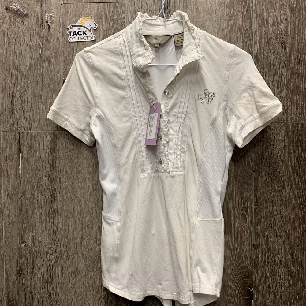SS Show Shirt, 1/2 Button Up, attached button collar, ruffles *gc, crinkled, seam rubs, missing bling, dingy?