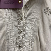 SS Show Shirt, 1/2 Button Up, attached button collar, ruffles *gc, crinkled, seam rubs, missing bling, dingy?
