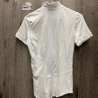 SS Show Shirt, 1/2 Button Up, attached button collar, ruffles *gc, crinkled, seam rubs, missing bling, dingy?